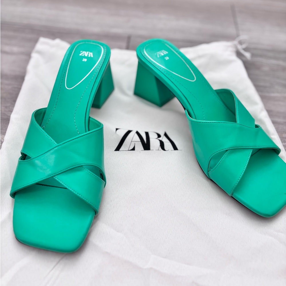 Zara Green Heeled Mules with Crisscross Straps